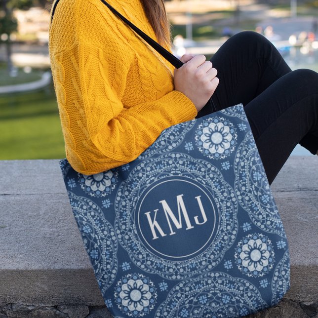 Tote Bag Monogramme moderne bleu marine Personnalisé (Créateur téléchargé)