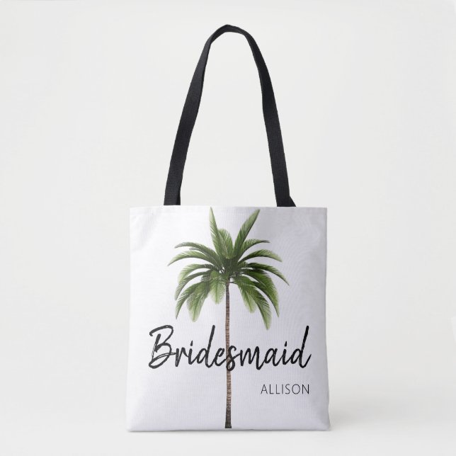 Tote Bag Monogramme moderne Bridesmaid Beach Wedding Palm T (Devant)