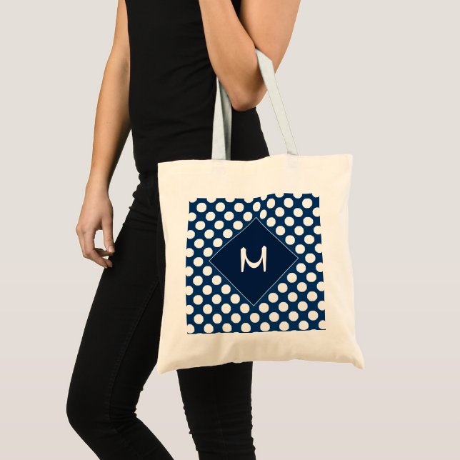 Tote Bag Monogramme moderne de points blancs bleus (Devant (produit))