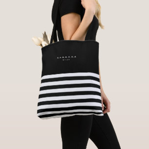Tote Bag Monogramme moderne noir blanc rayures