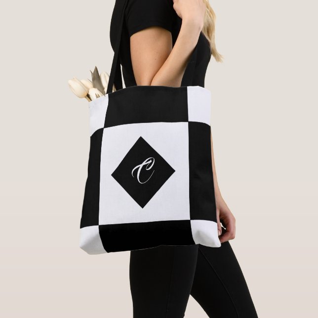 Tote Bag Monogramme moderne noir et blanc À damiers (De près)