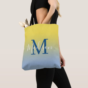 Tote Bag Monogramme moderne Nom Jaune à bleu clair Dégradé