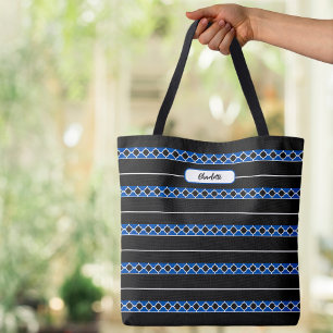 Tote Bag Monogramme moderne Nom Quatrefoil Stripes Bleu Noi