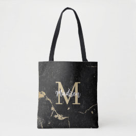 Tote Bag Monogramme moderne or noir marbre