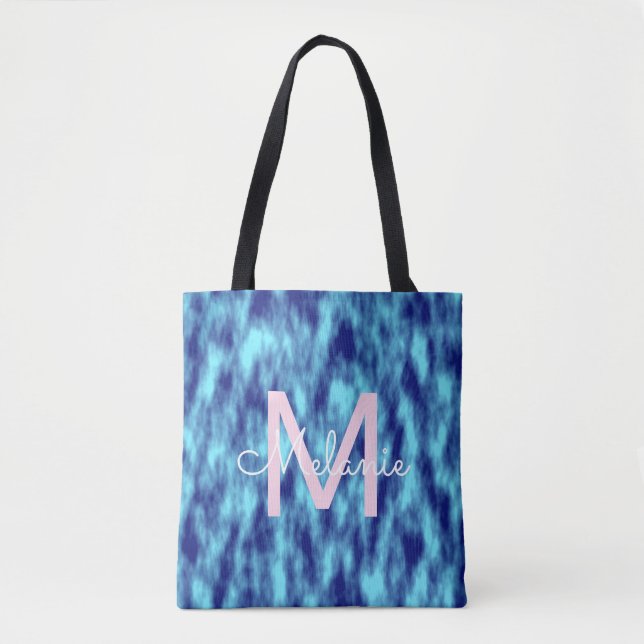 Tote Bag Monogramme moderne turquoise du nom du teint bleu (Devant)