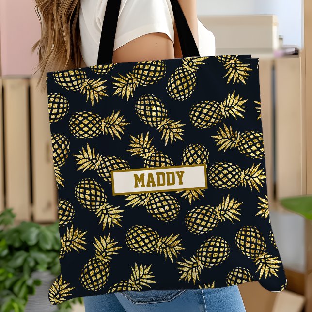 Tote Bag Monogramme motif ananas or bleu marine (Créateur téléchargé)