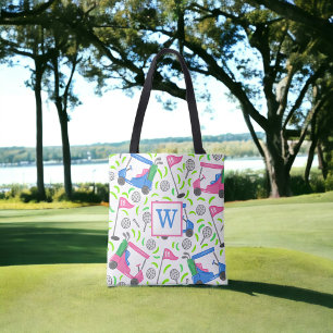 Tote Bag Monogramme motif chariot de golf rose et bleu Prép
