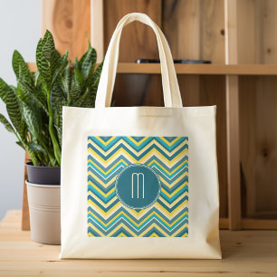Tote Bag Monogramme Motif Chevron turquoise et jaune