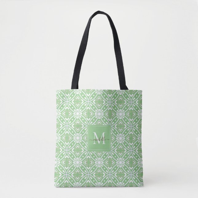 Tote Bag Monogramme Motif de Batik vert moderne géométrique (Devant)