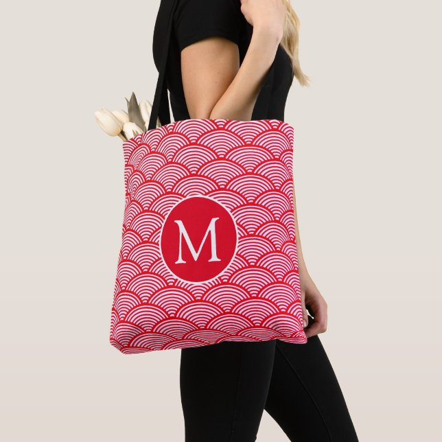 Tote Bag Monogramme Motif de pétoncle rouge et blanc (De près)