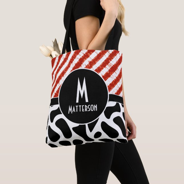 Tote Bag Monogramme Motif noir rouge moderne personnalisé (De près)