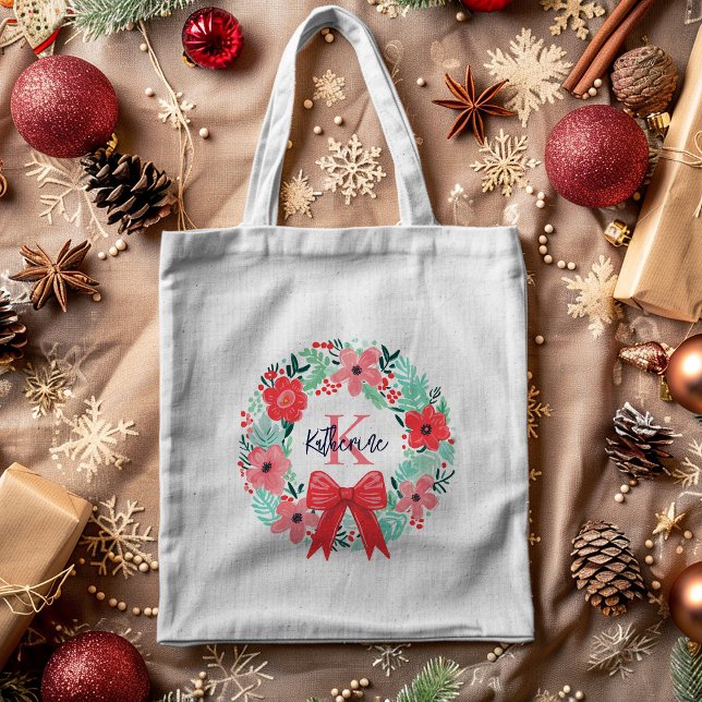 Tote Bag Monogramme Noël Vacances Rouge Rose Floral Wreath (Créateur téléchargé)