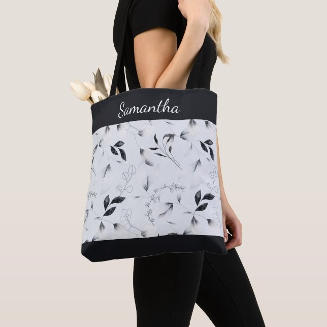 Tote Bag Monogramme noir blanc gris argenté Feuilles florau (De près)