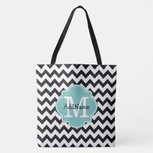 Tote Bag Monogramme noir Chevron Aqua et nom personnalisé