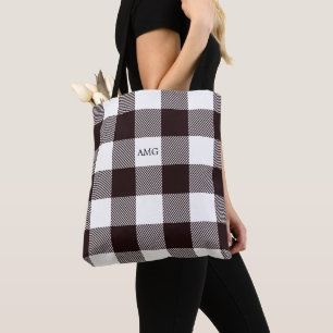 Tote Bag Monogramme noir et blanc de motif de plaid de