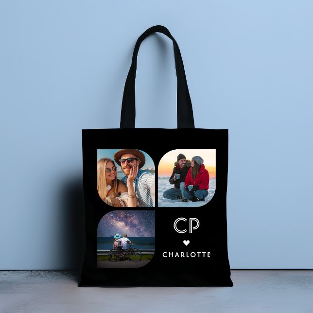 Tote Bag Monogramme Nom 3 Photo Moderne tendance Simple (Créateur téléchargé)