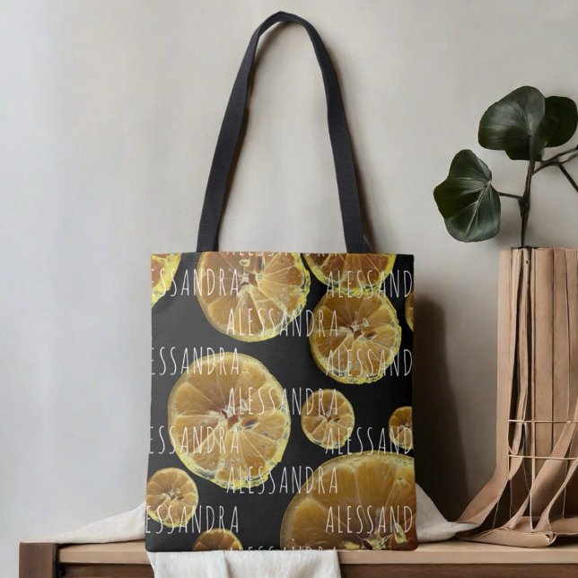 Tote Bag Monogramme nom citron tranches noir jaune blanc (Créateur téléchargé)