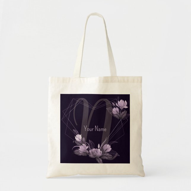 Tote Bag Monogramme Nom Violet Floral Violet Cadre géométri (Devant)