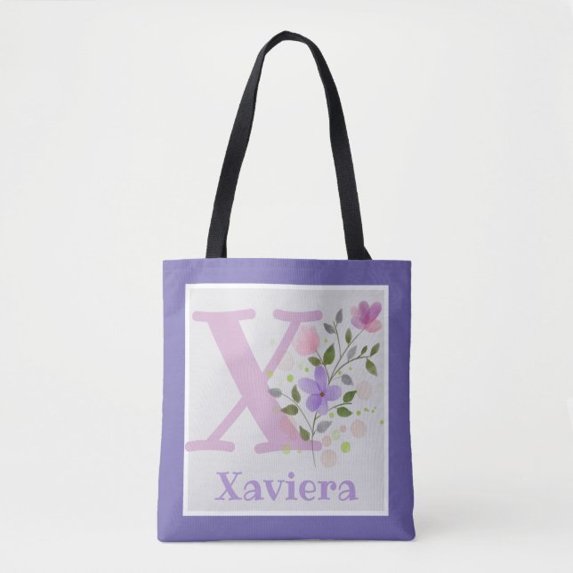 Tote Bag Monogramme & Nom Xaviera avec Fleurs (Devant)