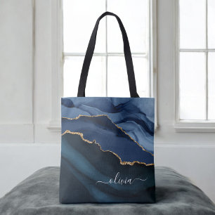 Tote Bag Monogramme Or Géode d'Agate Bleu Marine