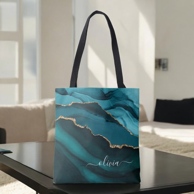 Tote Bag Monogramme Or Géode d'Agate Bleu Vert Aqua (Créateur téléchargé)