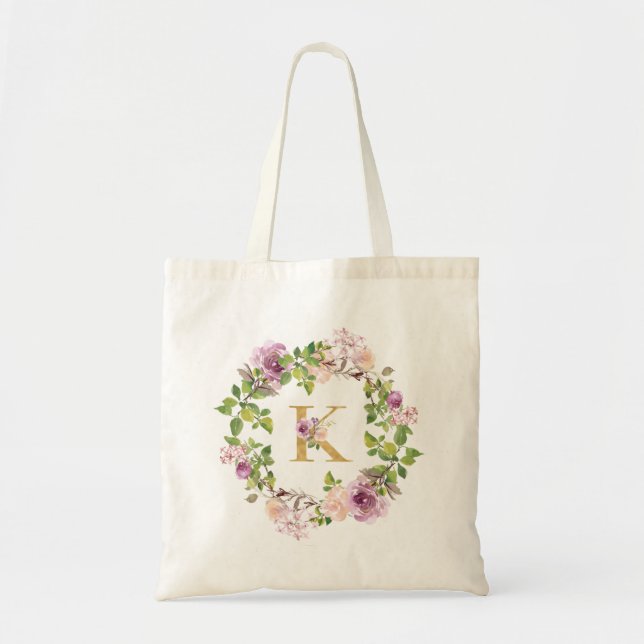 Tote Bag Monogramme or moderne K Aquarelle Florale Wreath (Devant)