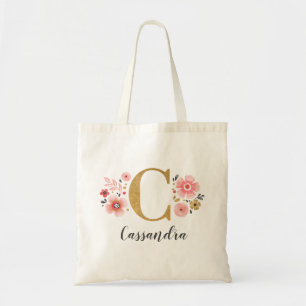 Tote Bag Monogramme Or tendance Lettre initiale "C" Floral
