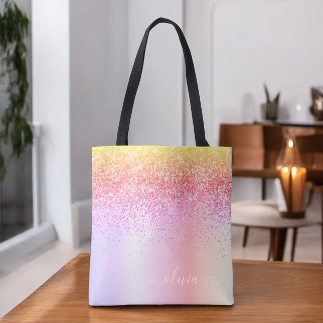 Tote Bag Monogramme Pailleté Rose Gold Pastel Arc-en-Ciel V (Créateur téléchargé)
