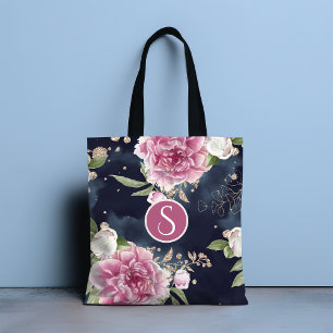 Tote Bag Monogramme Parties scintillant Aquarelle rose Bleu