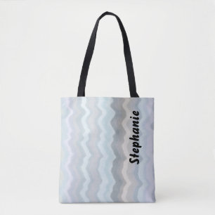 Tote Bag Monogramme pastel rayures ondes bleu gris lavande