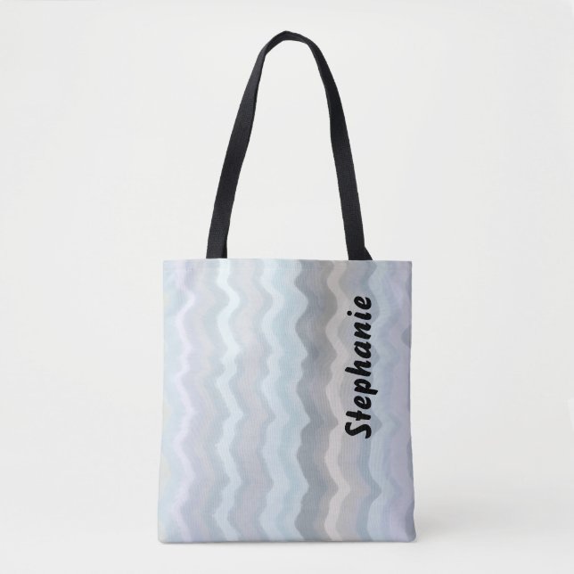 Tote Bag Monogramme pastel rayures ondes bleu gris lavande (Devant)