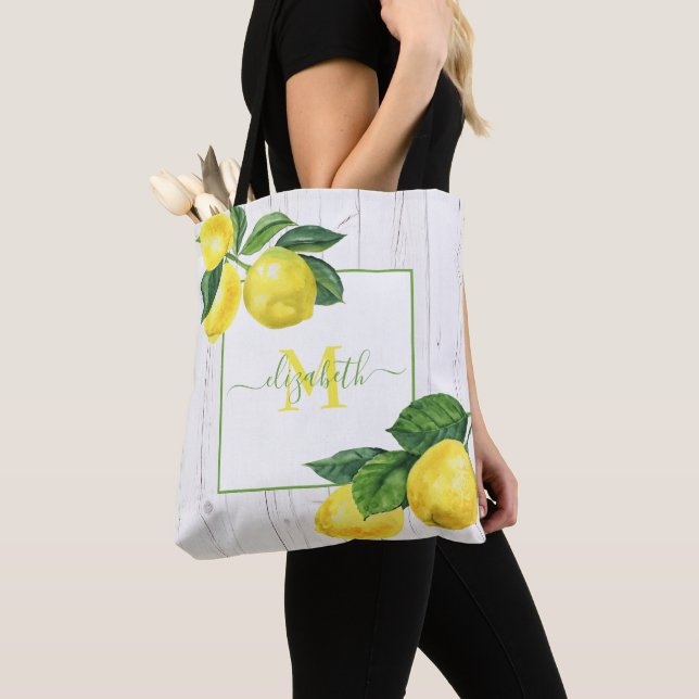 Tote Bag Monogramme pays citrons aquarelle bois rustique (De près)