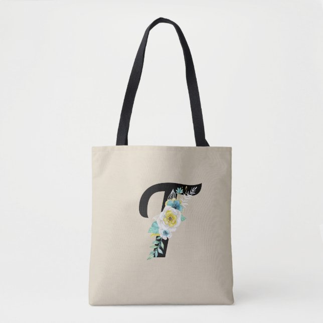 Tote Bag Monogramme personnalisable avec floral blanc et aq (Devant)