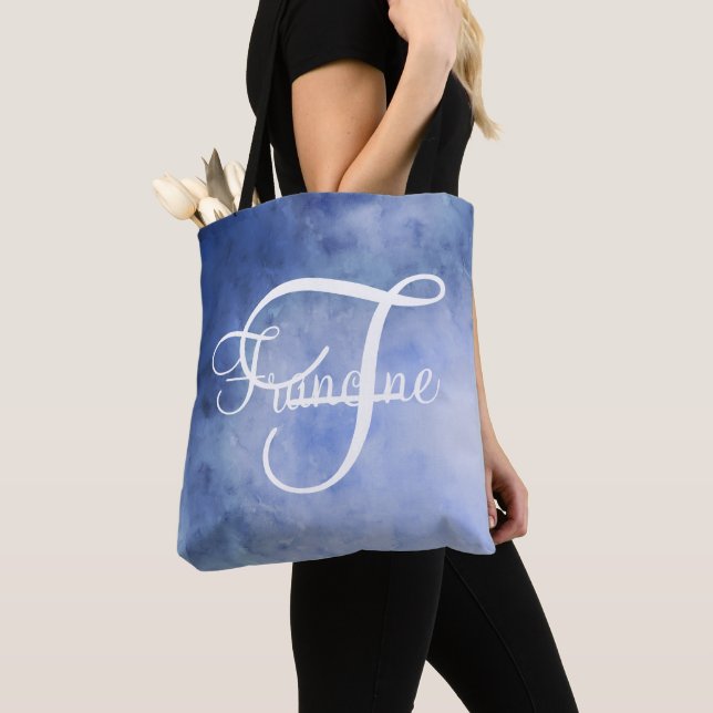 Tote Bag Monogramme personnalisé Aquarelle bleue et blanche (De près)