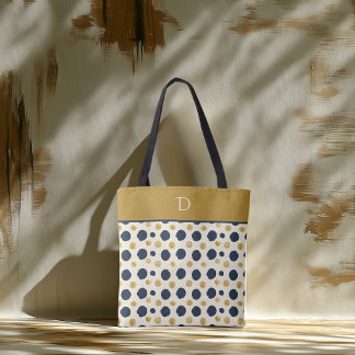 Tote Bag Monogramme personnalisé avec pois navy et moutarde