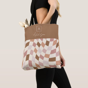 Tote Bag Monogramme Personnalisé Élégant Neutre à Carreaux