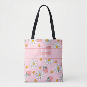 Tote Bag Monogramme personnalisé Élégant Rose fraise Daisy