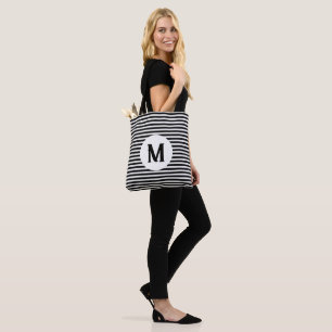 Tote Bag Monogramme personnalisé en bande noire et blanche,