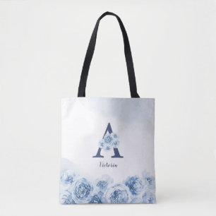 Tote Bag Monogramme personnalisé femme d'accueil fleurie bl