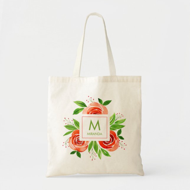 Tote Bag Monogramme personnalisé Fleurs aquarelles pêche (Devant)