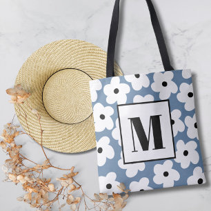 Tote Bag Monogramme personnalisé Fleurs blanches rétro