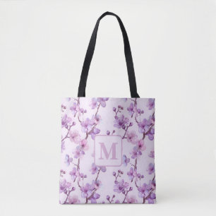 Tote Bag monogramme personnalisé fleurs de cerisier pourpre
