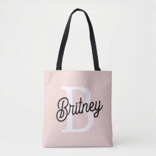 Tote Bag Monogramme Personnalisé Moderne et Nom Rose Pâle
