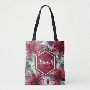 Tote Bag Monogramme personnalisé Nom Poinsettia rouge