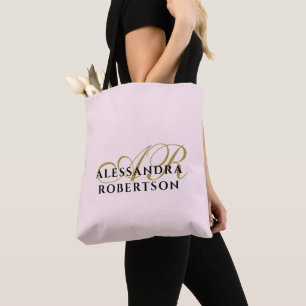 Tote Bag Monogramme personnalisé Pastel rose or noir minima