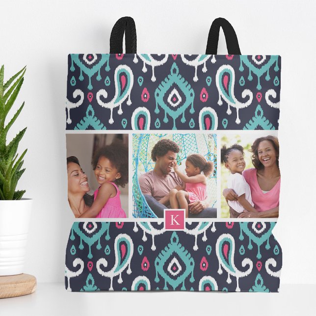 Tote Bag Monogramme photo de la famille Marine et Pink Ikat (Créateur téléchargé)