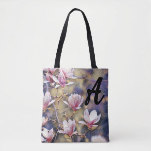 Tote Bag Monogramme Pink magnolia branche aquarelle violet