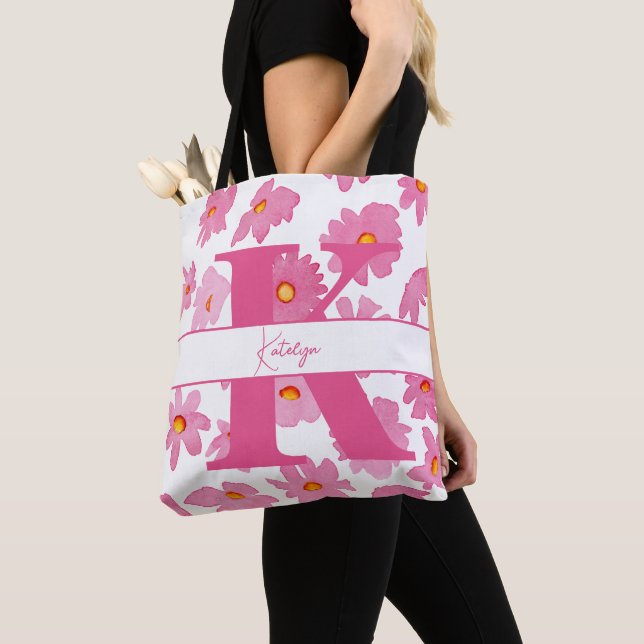 Tote Bag Monogramme Premier Pois Rose Fleurs Aquarelles (De près)