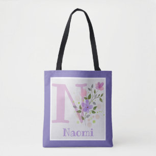 Tote Bag Monogramme & prénom Naomi avec fleurs