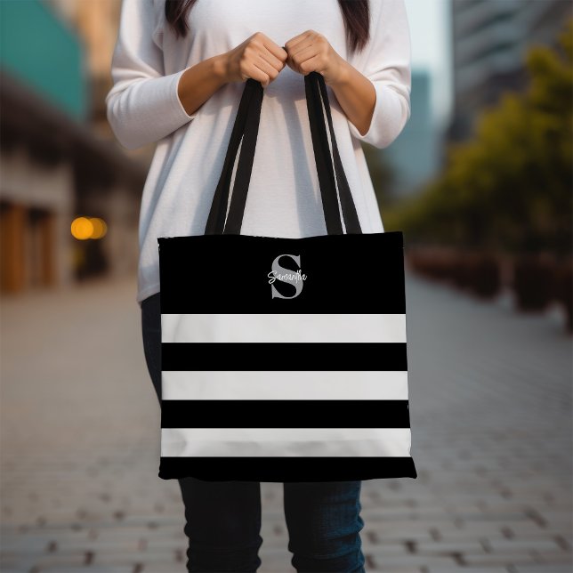 Tote Bag Monogramme rayé noir et blanc Nom initial (Créateur téléchargé)